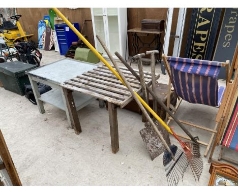 TWO TABLES AND VARIOUS GARDEN TOOLS 