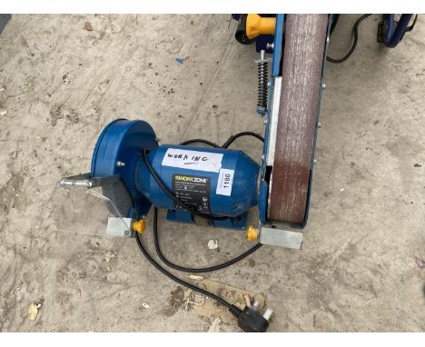 A WORKZONE BENCH GRINDER AND SANDING BELT IN WORKING ORDER 