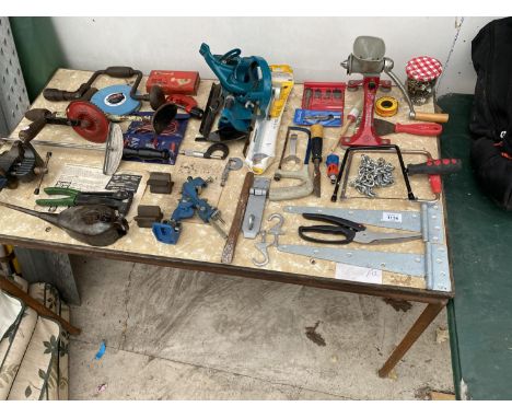 VARIOUS TOOLS AND HARDWARE - DRILL BRACES, HINGES ETC 