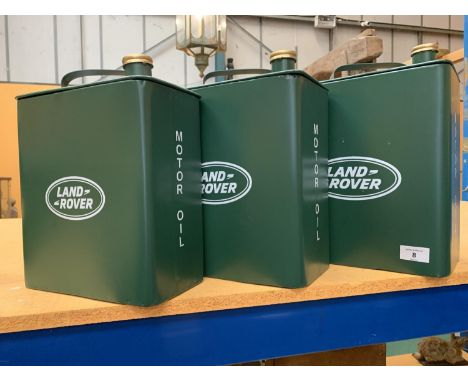 A SET OF THREE VINTAGE STYLE LAND ROVER GREEN MOTOR OIL CAR PETROL CANS 40CM 