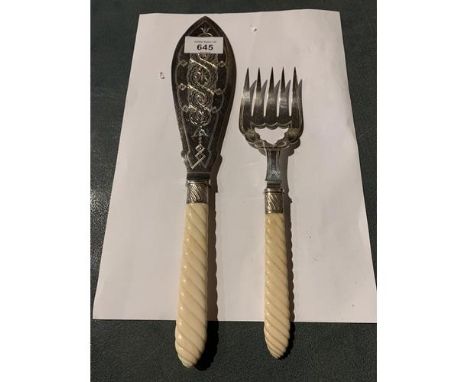 VINTAGE SILVER PLATED FISH KNIFE AND FORK WITH BONE HANDLES 