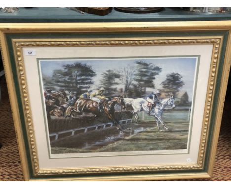 A D M DENT 'OVER THE WATER AT SANDOWN' HORSE RACING LIMITED EDITION PRINT 198/380 FRAMED AND GLAZED. 72 X 55 CM 