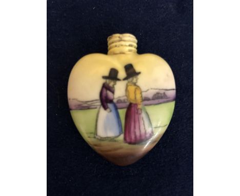 VINTAGE HEART SHAPED CERAMIC SCENT BOTTLE WITH LANDSCAPE SCENE AND TWO WELSH LADIES 