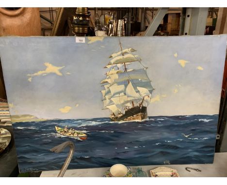 A LARGE VINTAGE 1952 JOHN MOSELEY ORGINAL OIL ON CANVAS OF A GALLEON SHIP 