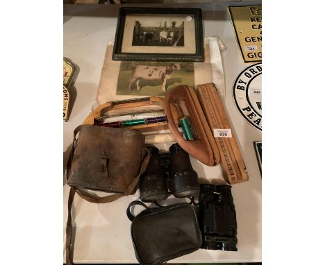 VINTAGE ITEMS TO INCLUDE BINOCULARS, SHUTTLES, COW PRINT ETC 