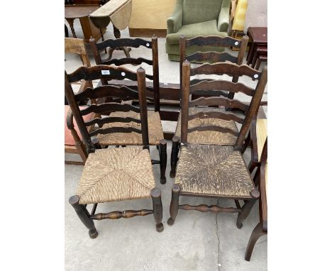 FOUR LADDER BACK OAK DINING CHAIRS WITH RUSH SEATS 