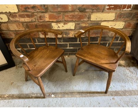 A PAIR OF ELM CHILDS CORRECTION CHAIRS MR AND MRS G F MORETON PLAQUE TO BACK OF SEAT OF ONE CHAIR 