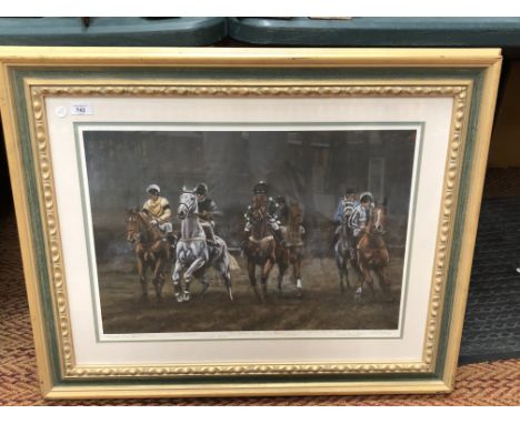 A D M DENT 'THE BRAVE AND THE BOLD' HORSE RACING LIMITED EDITION PRINT 198/380, FRAMED AND GLAZEED. 72 X 55 CM 