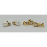 2 Paar Ohrstecker je GG 14ct. je mit Brillanten bis zu ca. 0,2ct. und 2 Perlen ca. D 8,2mm. je Tsp.