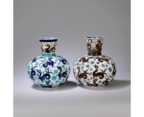 BURMANTOFTS POTTERY; WITH DECORATION BY LEONARD KINGTwo faience vases, circa 1890Both of compressed globular form painted wit