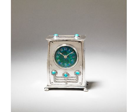 LIBERTY & CO.'Cymric' mantel clock/timepiece, no. 5218, 1905Silver, with enamel dial and turquoise-matrix cabochons.12 cm hig