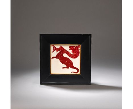 WILLIAM DE MORGAN (BRITISH, 1839-1917)'Otter with fish' tile, circa 1880Earthenware, ruby lustre on white glaze. Mounted with