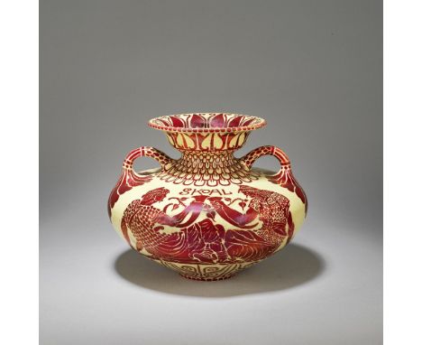 WALTER CRANE (ENGLISH 1845-1915) FOR MAW & CO.'Skoal' twin-handled vase, circa 1890Earthenware, decorated in ruby lustre glaz