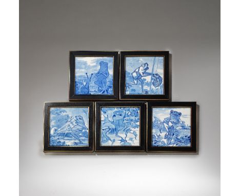 COPELANDFive 'Frog' series tiles, circa 1880Ceramic, decorated underglaze in shades of blue with humorous scenes with frogs: 