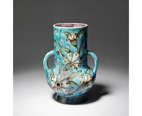 WILLIAM DE MORGAN (BRITISH, 1839-1917)Twin-handled vase, circa 1890Ceramic vase with bulbous base, cylindrical neck and loop 