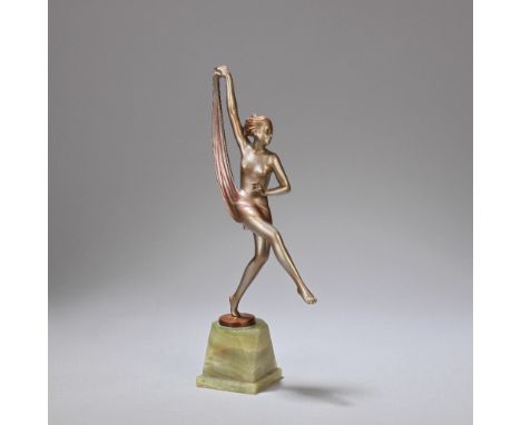 JOSEF LORENZL (AUSTRIAN, 1892-1950)'Scarf dancer' figural sculpture, circa 1930Bronze, cold-painted, silver with golden highl