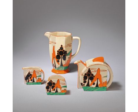 CLARICE CLIFF (BRITISH, 1899-1972)Four pieces of 'Trees & House (Alpine) - Fantasque', 1929-1931Glazed earthenware, orange co