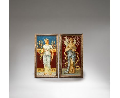 MINTON HOLLINSTwo figural tile panels, circa 1890Each panel made of two 8-inch tiles and painted in colours overglaze with cl