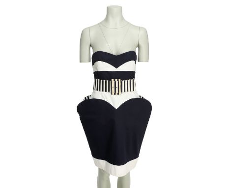 KARL LAGERFELD VINTAGE Kleid, Gr. 40 (fr. 42). 100% Baumwolle. Modell in Dunkelblau und Weiß, gestreiftes Corsagentop, Herzap