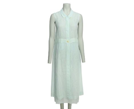 CHANEL VINTAGE Kleid, Gr. ca. 38. Leinengemisch. Blusenkleid in Hellblau und Grün mit Umlegekragen, verdeckter Knopfleiste un