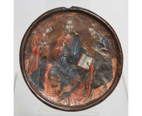 16TH CENTURY VENETO CRETAN SCHOOL CHRIST AND TWO SAINTS Oil with traces of gilding on an oak round panel.
It has also been su