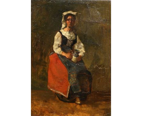 19TH CENTURY FRENCH SCHOOL PORTRAIT OF A BRETON LADY SEATED Oil on canvas, unframed50.5cm x 36cm