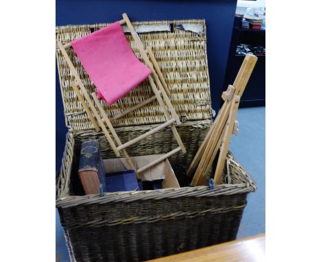 A mixed lot to include a wicker basket and contents which includes books, an 18th century blue and white tile, a child's deck