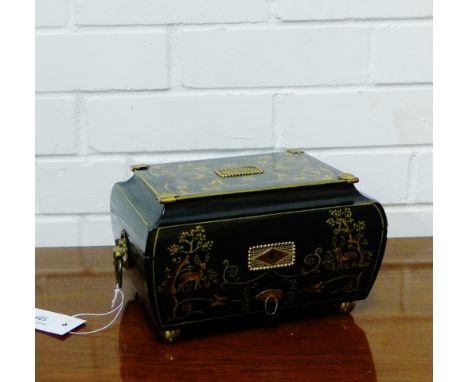 A contemporary antique style jewellery casket, hand painted by Gabriella Blakey, with brass lion mask ring handles to side, 2
