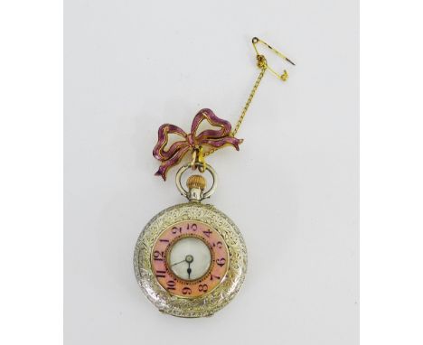 A Lady's continental foliate engraved silver cased fob watch with pink enamel chapter ring showing Arabic numerals together w