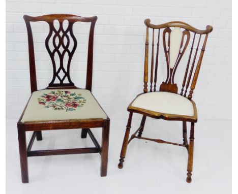 A mahogany Chippendale style chair with interlaced splat back and upholstered seat together with a spindle back side chair, 9