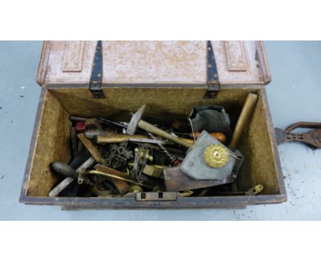 A stained pine tool box containing a quantity of vintage tools to include woodworking planes and hammer etc (a lot) 