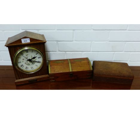 A mixed lot to include a mantle clock, a carved wooden box and a brass bound box, (3) 
