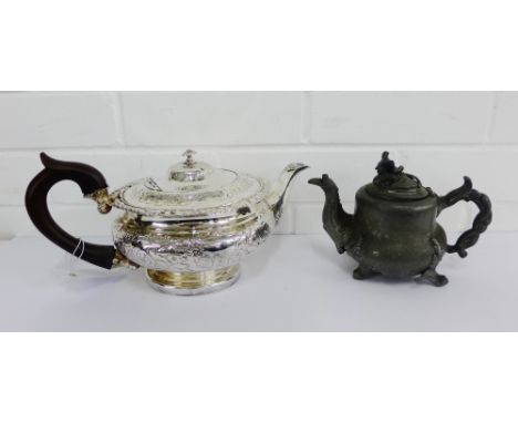 Epns teapot with floral repousee decoration together with a smaller pewter teapot (2) 