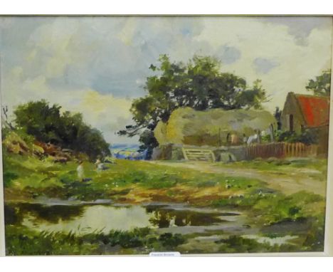 A. H. Jenkins  'Farmhouse Scene with Children Playing to the Foreground' Oil-on-Canvas,  signed bottom left, in a gilt wood f