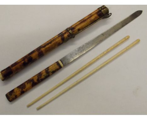 Early 20th century Chinese tortoiseshell chopstick case, containing bone chopsticks and knife with steel blade, 27cm