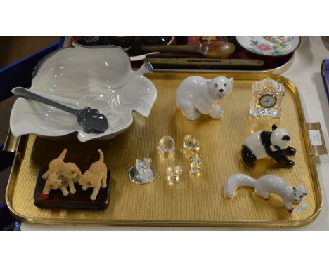 TRAY CONTAINING CARLTON SALAD BOWL &amp; SERVERS, BORDER FINE ARTS DOG ORNAMENT, SWAROVSKI STYLE ORNAMENTS, EDINBURGH CRYSTAL