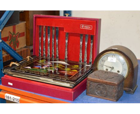 MANTLE CLOCK, SMOKERS BOX, CANTEEN OF CUTLERY &amp; ORIENTAL STYLE PHOTOGRAPH ALBUM     