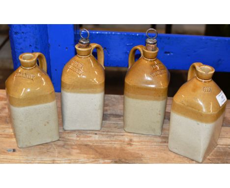 A SET OF FOUR LATE 19TH CENTURY SCOTTISH STONEWARE SPIRIT FLASKS, INDIVIDUALLY NAMED ‘GIN’ ‘IRISH’, ‘WHISKEY’, ‘BRANDY’ &amp;