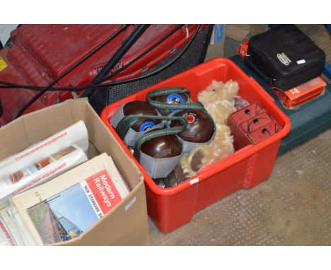 QUANTITY TOOLS &amp; 2 BOXES CONTAINING MAPS, VARIOUS MAGAZINES, LAWN BOWLS, SOFT TOY &amp; GENERAL BRIC-A-BRAC     