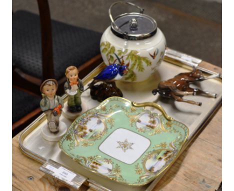 TRAY WITH CITY BANK DISPLAY, HUMMEL FIGURINES, NORITAKE DISH, BESWICK FOAL ETC     