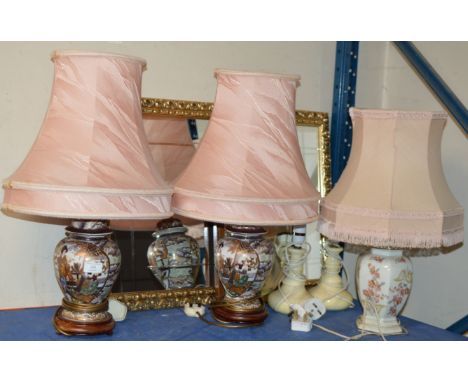 PAIR OF ORIENTAL STYLE TABLE LAMPS WITH SHADES, 3 OTHER LAMPS &amp; GILT FRAMED WALL MIRROR     