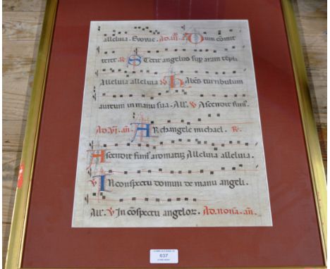 GILT FRAMED MANUSCRIPT IN LATIN, AN OLD SACRED ARIA FROM 1593 BY GIOVANNI PIERLUIGI DE PALESTRINA (1525-1594) ENTITLED STETIT