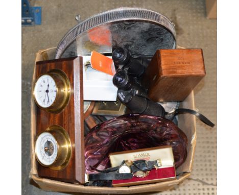 BOX CONTAINING COMBINATION CLOCK, BINOCULARS, GALLERY TRAY, WRIST WATCHES, COLOURED GLASS DISH &amp; GENERAL BRIC-A-BRAC     