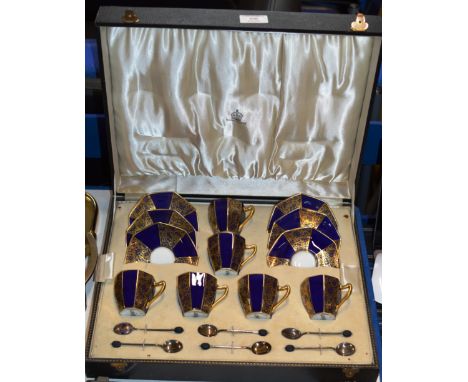 FINE 18 PIECE ROYAL DOULTON COFFEE SET WITH FITTED PRESENTATION CASE COMPRISING 6 CUPS, 6 SAUCERS &amp; 6 STERLING SILVER SPO