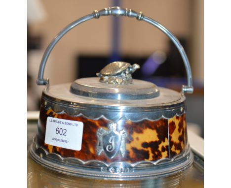 VICTORIAN TORTOISE SHELL &amp; SILVER-PLATE LIDDED TOBACCO JAR WITH TORTOISE FINIAL &amp; OAK LINING     