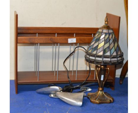 TEAK MAGAZINE RACK, DECORATIVE LAMP &amp; PAIR OF SHOE STRETCHERS     