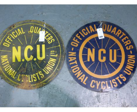 National Cyclists Union. A circular 'Official Quarters' circular two-colour, double-sided enamel sign, in poor condition, and
