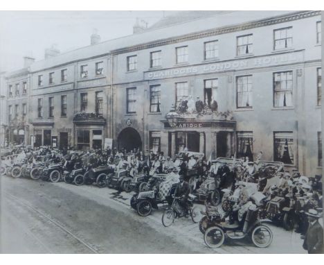 The De Dion Bouton British Tour.  A copy photograph of the assembled motorists outside the Claridge London Hotel in Taunton, 