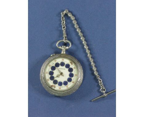 Bicycle Pocket Watch. An embossed watch with a blue enamel and cream-decorated dial, comprising both a 12 and 24-hour segment