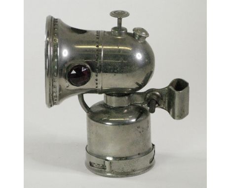 An 1899 Schumacher Acetylite Co. 'Pony'.  A rare petit nickel-plated lamp in excellent, original condition, retaining its adj